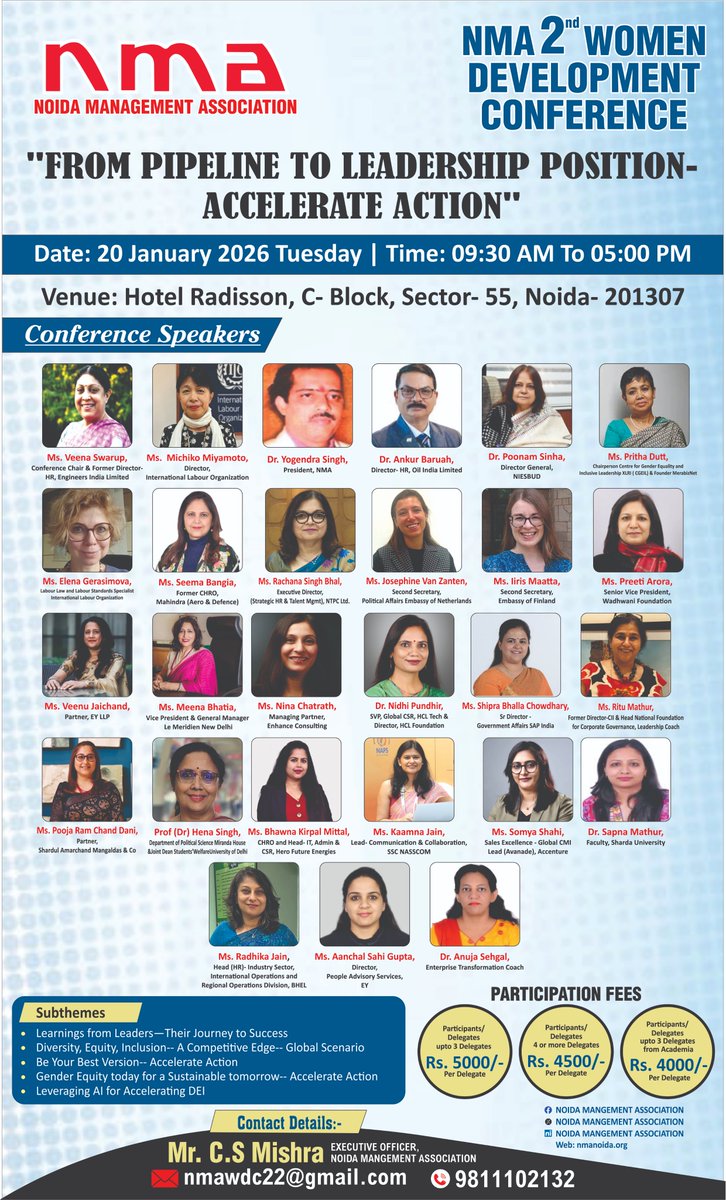 2nd NMA Women Development Conference being held on 20th January 2026 at Hotel Radisson Sector-55, Noida.

“From Pipeline to Leadership Position – Accelerate Action”

Please do register early.

<a href="/VeenaSwarup02/">Ms Veena Swarup</a> <a href="/triptitoor/">tripti bajpai toor</a> <a href="/ANUJASEHGAL/">ANUJA SEHGAL</a> <a href="/aimaindia/">All India Management Association</a>
