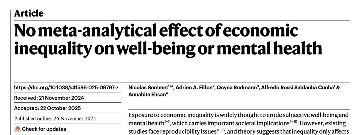 eslendelanogare's tweet image. Por anos, acreditei que um dos principais fatores responsáveis pela redução do bem-estar das pessoas fosse a desigualdade econômica e que, portanto, formuladores de políticas públicas deveriam priorizar sua redução. No entanto, em dezembro do ano passado, foi publicada na revista…