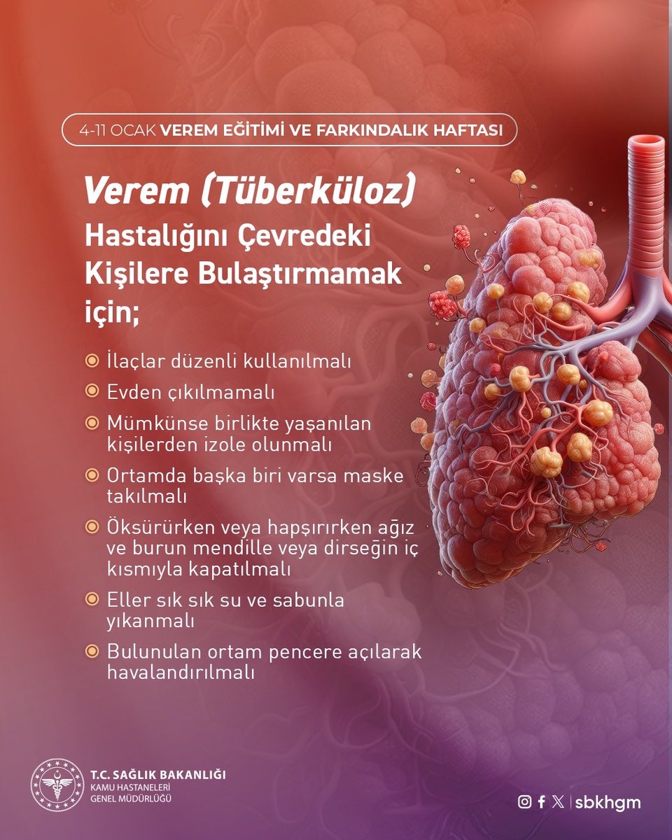 sbkhgm's tweet photo. Verem (Tüberküloz) Hastalığını Çevredeki Kişilere Bulaştırmamak için;
🔴İlaçlar düzenli kullanılmalı
🔴Evden çıkılmamalı
🔴Mümkünse birlikte yaşanılan kişilerden izole olunmalı
🔴Ortamda başka biri varsa maske takılmalı
🔴Öksürürken veya hapşırırken ağız ve burun mendille veya dirseğin iç kısmıyla kapatılmalı
🔴Eller sık sık su ve sabunla yıkanmalı
🔴Bulunulan ortam pencere açılarak havalandırılmalı

#VeremEğitimiveFarkındalıkHaftası