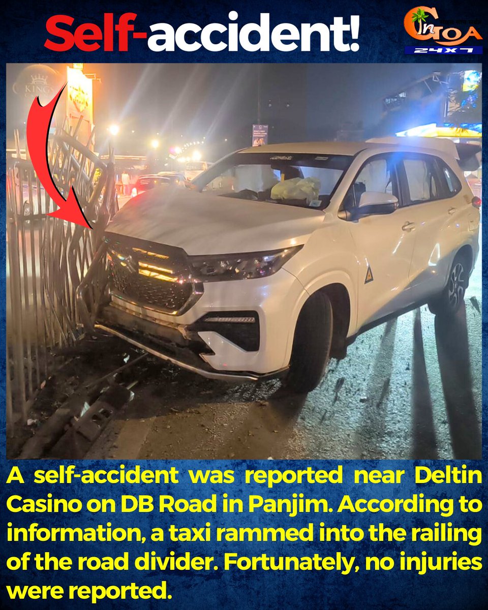 InGoa24x7's tweet photo. A self-accident was reported near Deltin Casino on DB Road in Panjim. According to information, a taxi rammed into the railing of the road divider. Fortunately, no injuries were reported.

#Goa #GoaNews #SelfAccident #Raxi #Rammed #RoadDivider https://t.co/AUrWwWpAIq