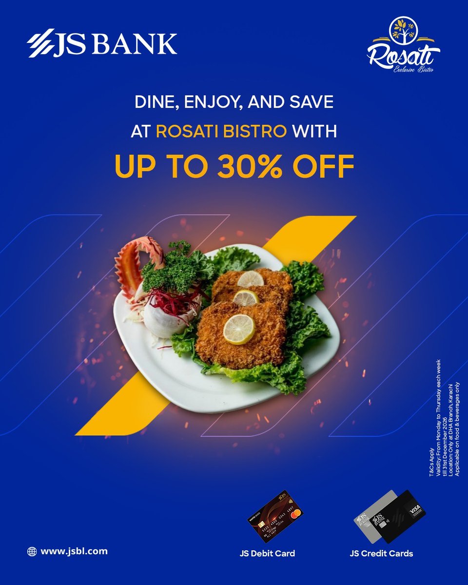 Dine more, spend less 🍽️✨

Savor delicious meals at Enigma and TAO with up to 50% OFF, and indulge at Rosati Bistro with up to 30% OFF with your JS Cards.

Because great meals taste even better with great savings.

#JSBank #BarhnaHaiAagey #Discounts #Promotions