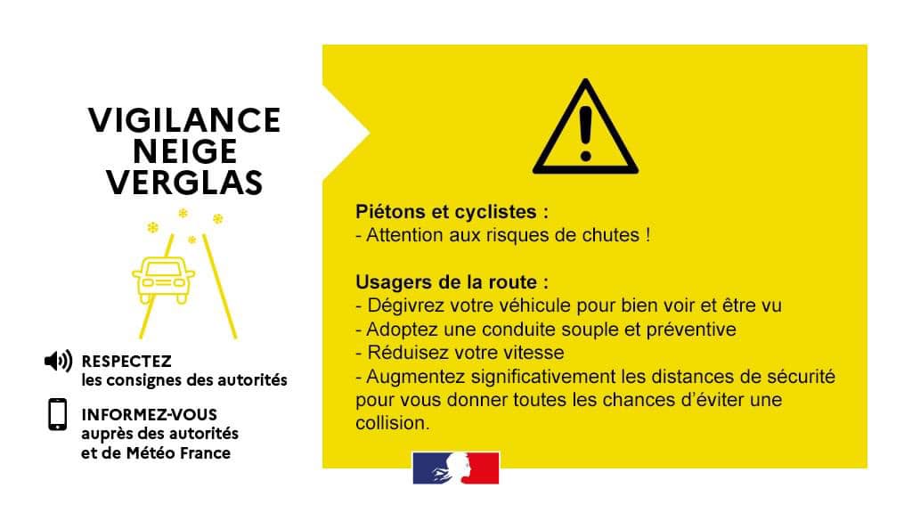 Prefet14's tweet photo. ⚠️ Neige-verglas | Évolution de la vigilance dans le #Calvados ⚠️
La situation météorologique s’améliore progressivement :
le département passe de la vigilance orange à la vigilance jaune #NeigeVerglas.

🚛 Dans ce contexte, des mesures de sécurité pour les poids lourds de plus de 7,5 tonnes restent en vigueur sur le réseau routier national (routes nationales et autoroutes)

❌ Interdiction d’effectuer des manœuvres de dépassement

⬇️ Abaissement de la vitesse maximale autorisée de 20 km/h

📍 Ces mesures s’appliquent dans les départements suivants :
14 (sur l'ensemble des axes pour le Calvados)– 22 – 27 – 28 – 29 – 35 – 50 – 53 – 56 – 61 – 72 – 76

⏰ À partir de midi, elles s’appliqueront également dans les départements :
44 – 49 – 85

🚧 Certaines sections du réseau routier national peuvent rester soumises à des restrictions.

👉 Consultez les informations actualisées sur :
https://t.co/4hyc6cpmQH

Malgré l’amélioration des conditions, la prudence reste indispensable : adaptez votre vitesse et restez attentifs aux conditions locales de circulation.