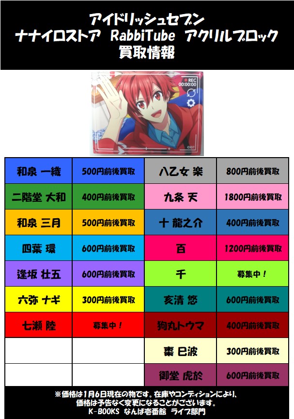 買取情報】 「アイドリッシュセブン」 ナナイロストア RabbiTube