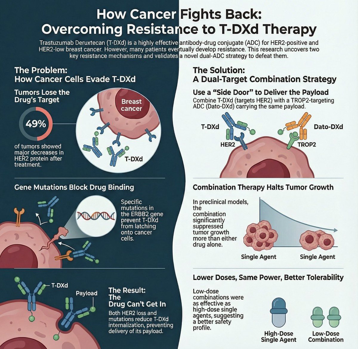 【T-DXdの耐性メカニズム】

🔍Mechanisms of T-DXd resistance unveiled: HER2 loss &amp; binding mutations, overcome by dual-ADC combo.

📚Cancer Discov 2025
pubmed.ncbi.nlm.nih.gov/41212147/

🔑Key Results 
🔬 Major decrease in HER2 expression observed in 49% of T-DXd resistant cases; 52% of