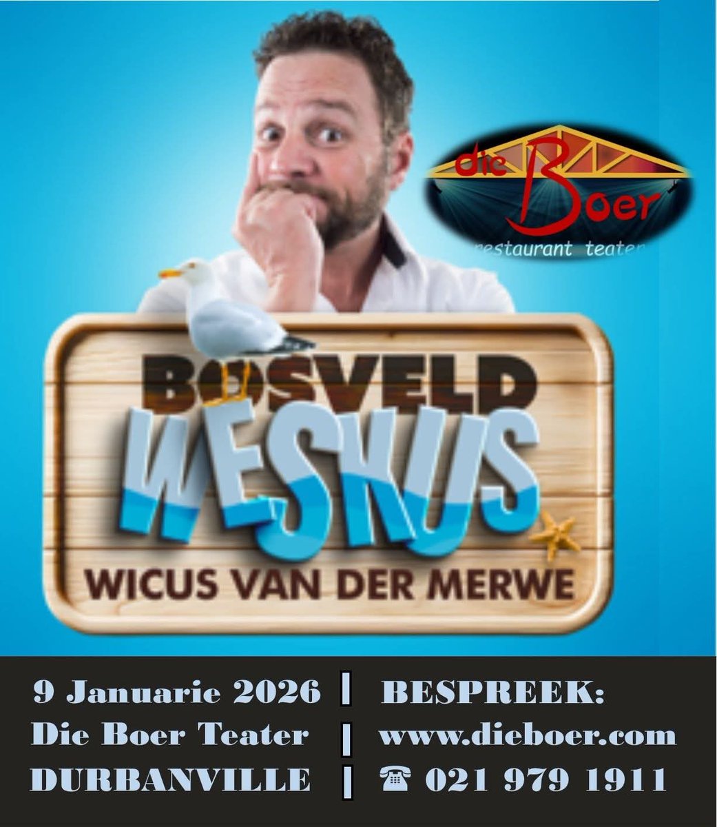 @Wicusvandermerwe skop 2026 by <a href="/dieboerteater/">Die Boer Teater</a>  in Durbanville af op Vrydag 9 Januarie.
Bespreek: 021 979 1911 / dieboer.com
#laglag2026in
<a href="/TheatreSceneCpt/">Theatre Scene Cape Town</a> <a href="/TygerBurger/">TygerBurger</a> <a href="/Tygerberg104fm/">Radio Tygerberg 104FM</a> <a href="/CapeTownEtc/">Cape {town} Etc</a> <a href="/CapeTown/">ᑕᗩᑭE TOᗯᑎ</a>