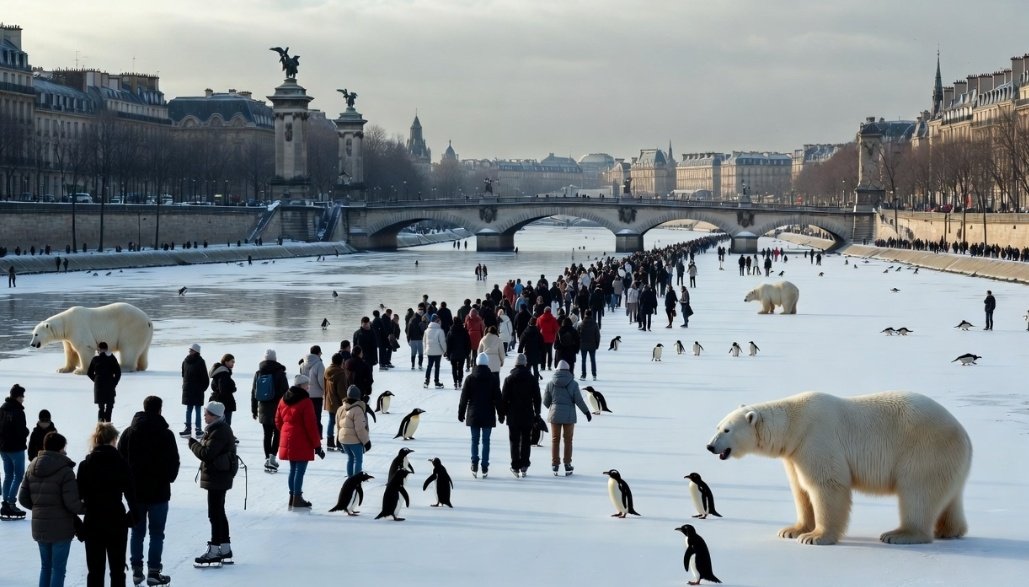 Cerfiakoff's tweet photo. 🚨 ALERTE INFO ❄️ [INSOLITE] 

Paris se réveille au rythme de la neige ce matin, des pingouins et ours polaires se mêlent joyeusement aux patineurs sur la seine complètement gelée. https://t.co/RNFJE6FcQh
