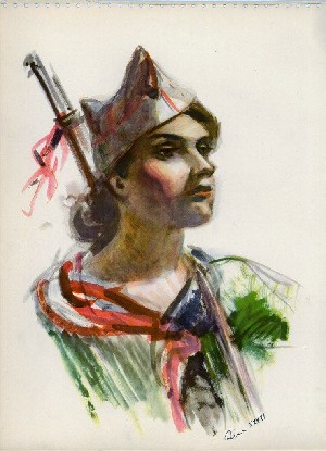 José Rey's (aka Sim) famous watercolour of militia woman, Barcelona summer 1936. Part of album Estampas de la Revolución española, published in Barcelona, Paris, London and NY to gain funds for the anarchist cause.