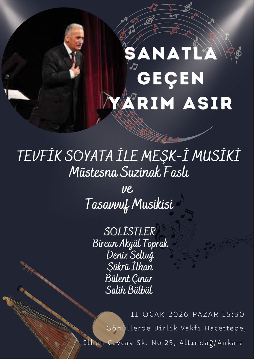 Tevfik Soyata ile Meşk-i Mûsikî
Müstesna Suzinak Faslı ve Tasavvuf Mûsikîsi

11 Ocak 2026 - Pazar
15.30
Gönüllerde Birlik Vakfı