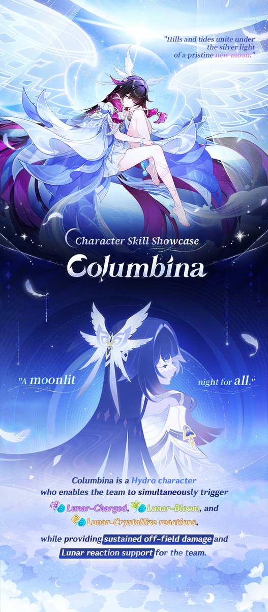 GenshinImpact's tweet image. Character Skill Showcase — "Welkin Moon's Homecoming" Columbina
#GenshinImpact #GenshinMoonInvitation #Columbina 

Hello, Traveler! Columbina's skill showcase is here. Let's take a closer look together! The Character Event Wish "Somnias a Luna" will be available on January 14…