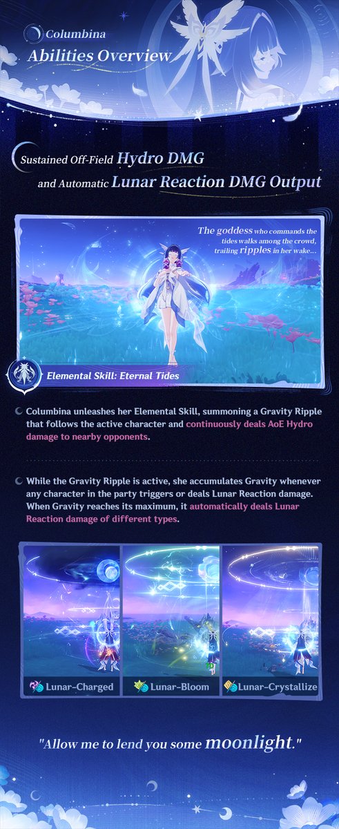 GenshinImpact's tweet image. Character Skill Showcase — "Welkin Moon's Homecoming" Columbina
#GenshinImpact #GenshinMoonInvitation #Columbina 

Hello, Traveler! Columbina's skill showcase is here. Let's take a closer look together! The Character Event Wish "Somnias a Luna" will be available on January 14…