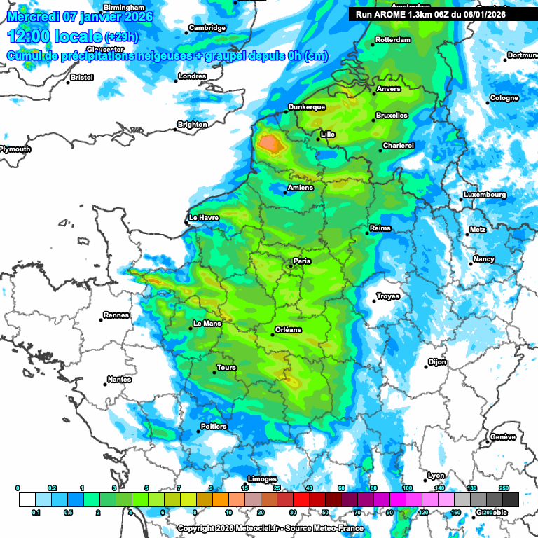 Plusieurs centimètres de neige sont de nouveau anticipés demain matin. Passage du front entre 7h30 et 10h30 à Paris.