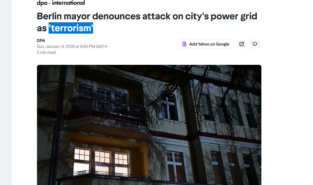 mmtchi's tweet image. Pendant des années les médias nous inventent un lien entre complotisme et terrorisme.
Faites entrer des terroristes écolo détruisant des lignes d'électricité de 45.000 foyers à Berlin, laissant les gens geler quand il fait -5°C 
mais les médias français parlent de "militants…