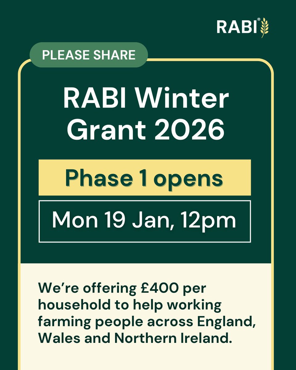 RABIcharity's tweet image. PLEASE SHARE: Set your reminder as Phase 1 of RABI’s Winter Grant 2026 opens Monday 19 January at 12pm  rabi.org.uk/wintergrant/

We’re offering £400 per household to support working farming people across England, Wales and Northern Ireland with essential living costs this winter.…