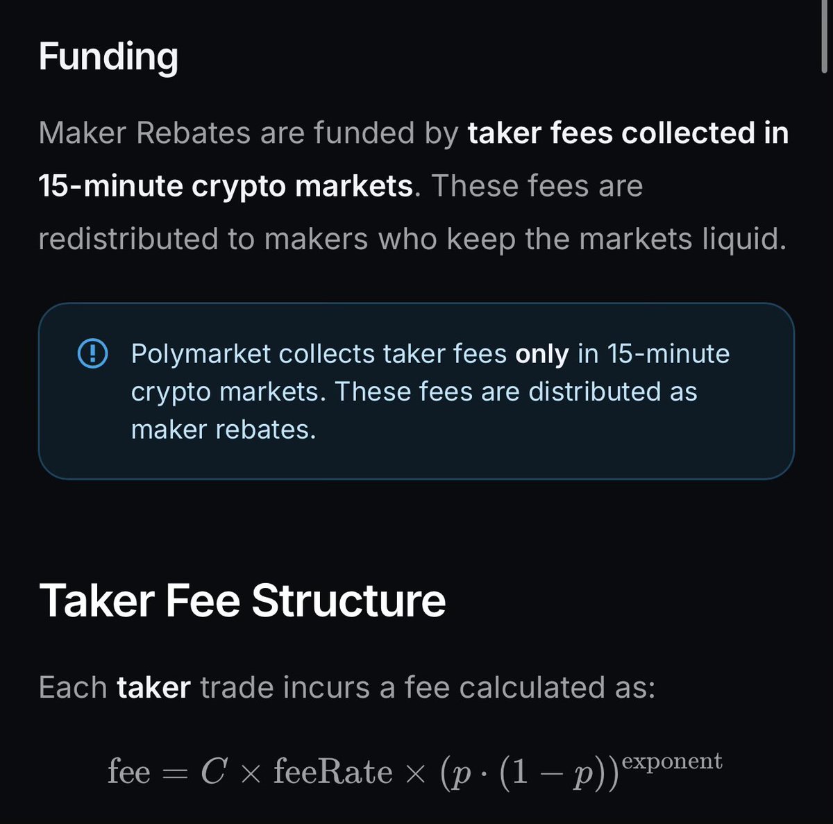 Polymarket now charges fees for their 15m UP/DOWN markets, but apparently only for taker orders

they will be redistributed to makers, incentivizing deeper liquidity and probably unlocking new strategies

all other markets will remain fee free

Interesting tech

source: