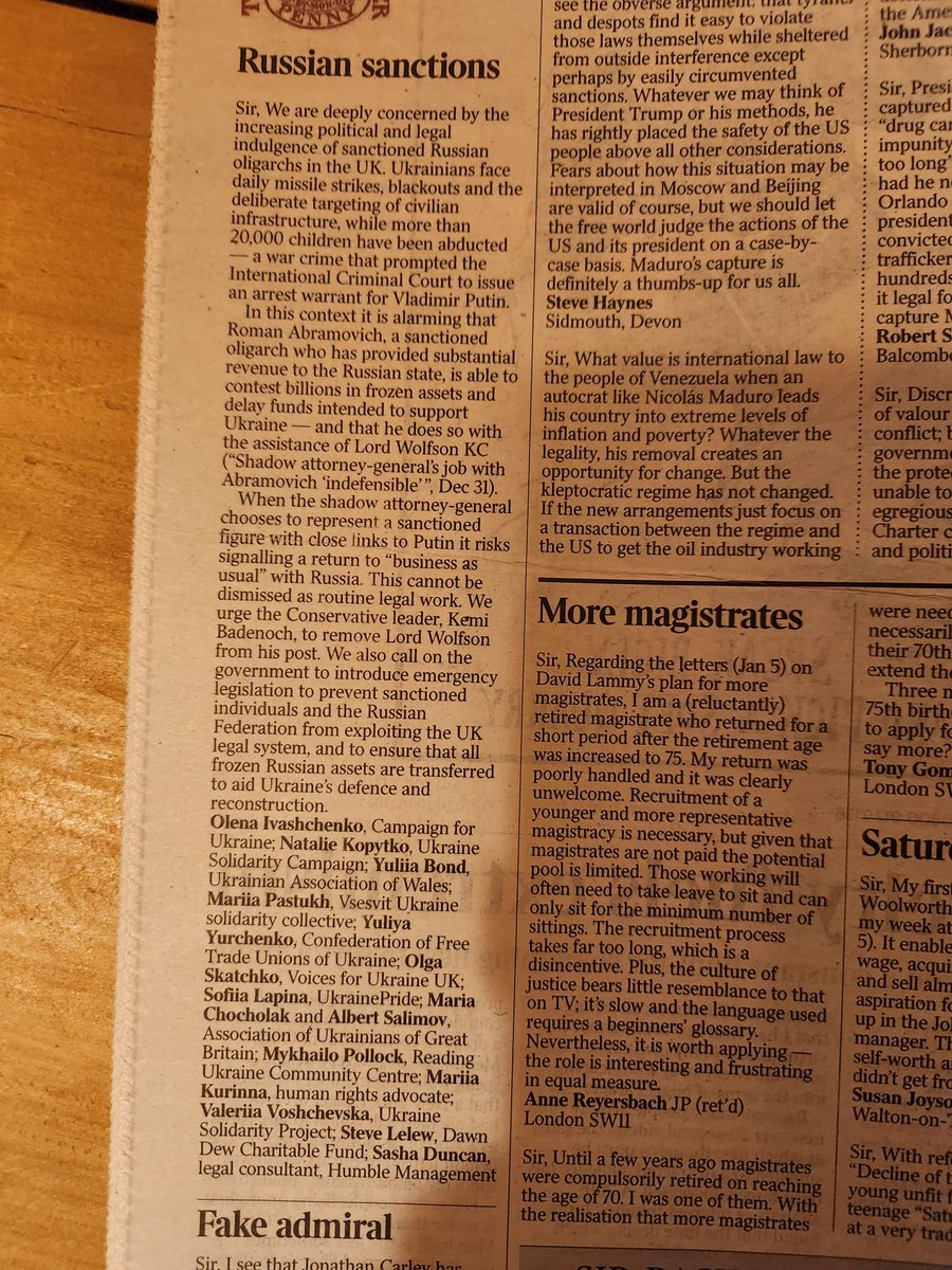 UkraineSol's tweet photo. In @thetimes today, a letter from Ukrainian civil society leaders in the UK: opposing moves towards normalisation with Russia, calling for removal of Lord Wolfson as Shadow Attorney General, and urging the use of frozen Russian assets to aid Ukraine.

https://t.co/UnvBDyzQCT https://t.co/kxdN0pooC7