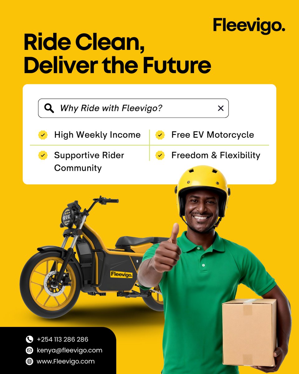 Fleevigo's tweet image. 🚴‍♂️ Ride Clean, Deliver the Future ⚡💚

Fleevigo riders earn weekly, get a free EV bike, and join a supportive community.

👉 Apply: forms.gle/Dq9mjDG4LM5yEH…
📲 WhatsApp: +254 113 286 286

#Fleevigo #EVDelivery #RiderLife #EarnMore #SustainableFuture