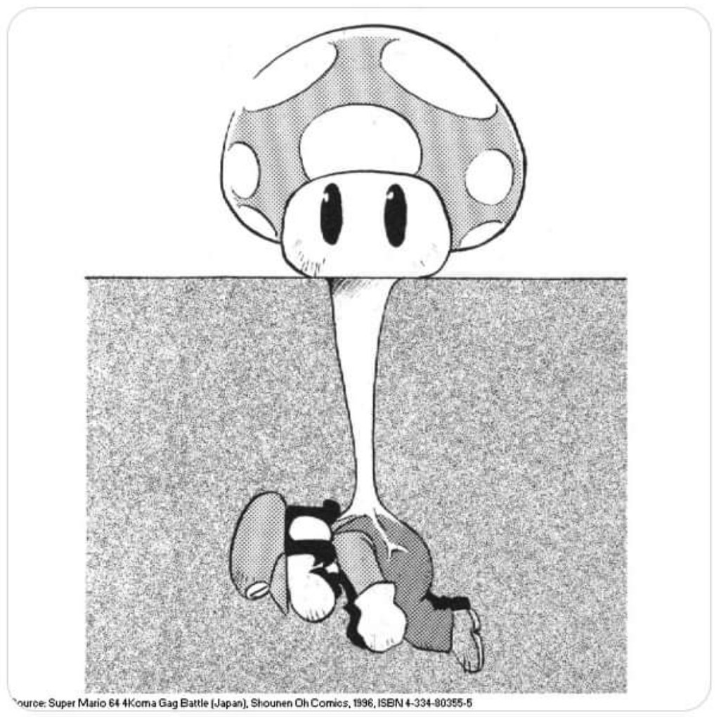 SuperSisi's tweet image. A Super Mario 64 manga from 1996
suggests that 1-Up mushrooms
grow from dead Marios in a cycle of
life and death