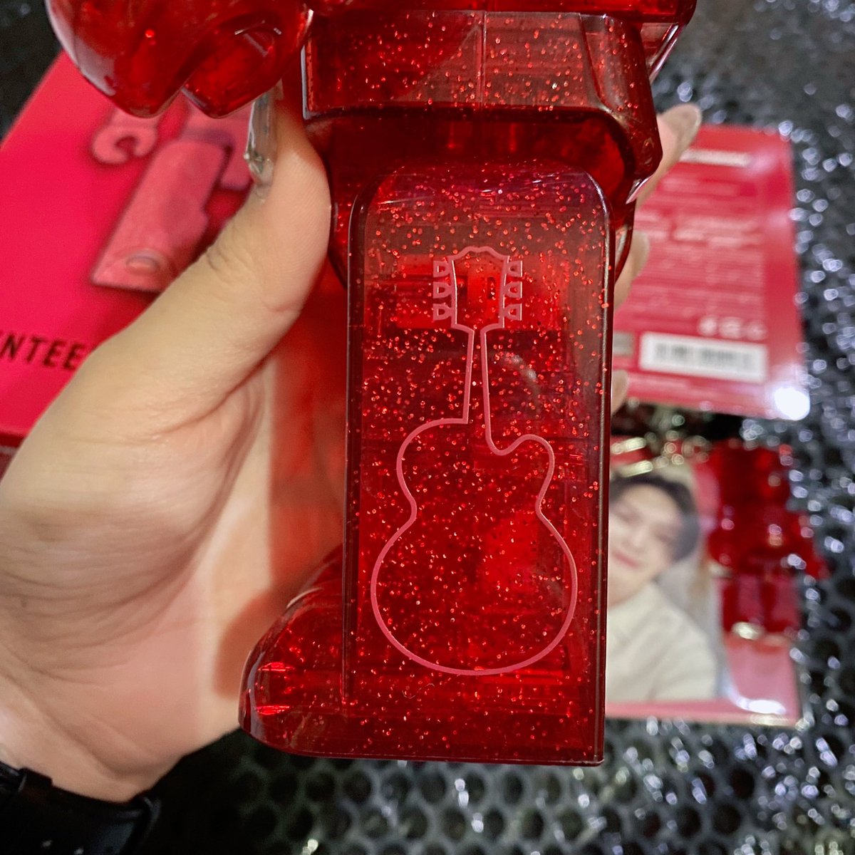 snapshooji's tweet photo. the guitar detail on woozi’s ruby bearbrick! 🎸 
the poca is so pretty 😍 https://t.co/X4rUMPgqXN