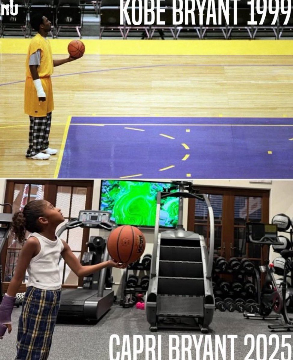 8_24Mamba4Ever's tweet image. Kobe's youngest daughter, Capri Bryant, honored her father by holding a ball in one hand while injured, with pajamas on 💜💛
