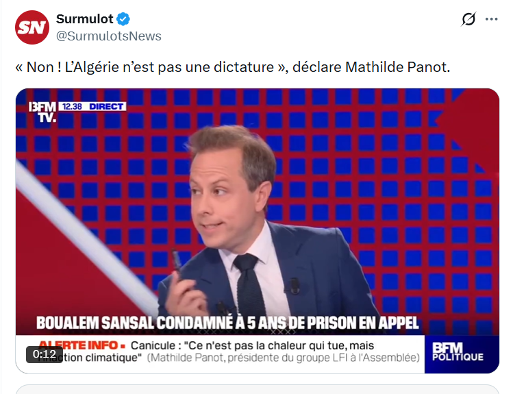 Rappels :
-Mathilde Panot refuse de qualifier Maduro de dictateur.
-Mathilde Panot refuse de qualifier la Chine de dictature.
-Mathilde Panot refuse de qualifier le Hamas de terroriste.
-Mathilde Panot refuse de qualifier l'Algérie de dictature.
Par ailleurs :
-Mathilde Panot a