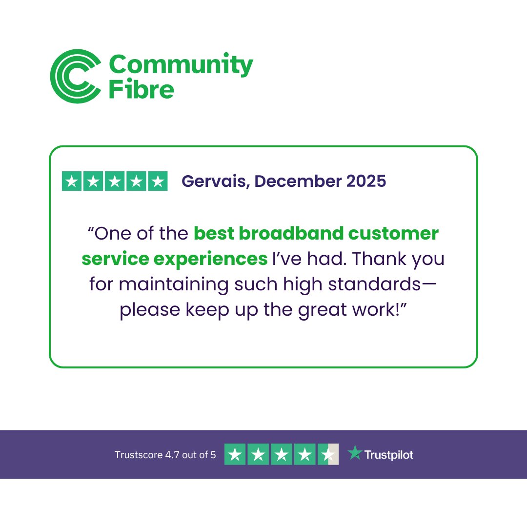 CommunityFibre's tweet image. Thank you, Gervais, for the 5-star review.​

Start the year off right with a broadband upgrade you won’t regret at ow.ly/B8L950XN6SA​

#FullFibre #Trustpilot #CommunityFibre