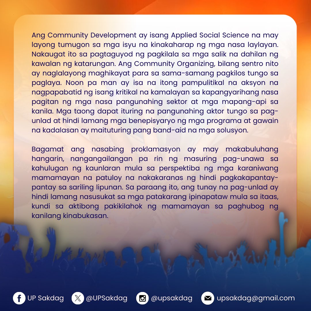 UPSakdag's tweet photo. 𝐎𝐏𝐈𝐒𝐘𝐀𝐋 𝐍𝐀 𝐏𝐀𝐇𝐀𝐘𝐀𝐆 𝐍𝐆 𝐔𝐏 𝐒𝐀𝐊𝐃𝐀𝐆 𝐏𝐀𝐑𝐀 𝐒𝐀 𝐏𝐀𝐆𝐃𝐈𝐑𝐈𝐖𝐀𝐍𝐆 𝐍𝐆 𝐂𝐎𝐌𝐌𝐔𝐍𝐈𝐓𝐘 𝐃𝐄𝐕𝐄𝐋𝐎𝐏𝐌𝐄𝐍𝐓 𝐖𝐄𝐄𝐊 2026

#UPSakdag
#OrganisadorNgBayan
#CommunityDevelopmentWeek2026 https://t.co/k5PSM4XCpv