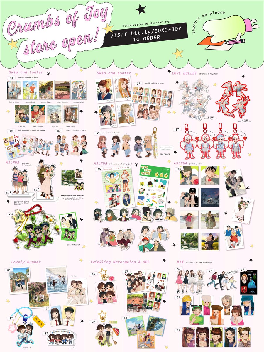 crumby_joy's tweet image. 『 🥬 rts appreciated 』

2026 Store Catalogue ! #BoxOfJoy
~~ i have skip and loafer , after school lessons for unripe apples, love bullet, kdrama lovely runner , and more 🏫🍏💫❤️ 

🎒 order link : bit.ly/BOXOFJOY
thanks for your support ! (๑˃̵ᴗ˂̵)
