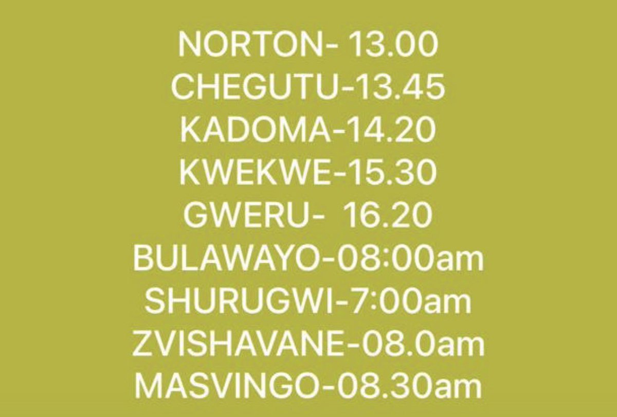 We are proud to let you know we are crossing all borders, We transport goods every Monday to Saturday. You can buy your gear in Harare and pay forward when goods arrive in your city.
We leave Harare by 12:25 with your goods. Minimum charge is $5. ☎️0777278657 . Our Time Table 👇🏾