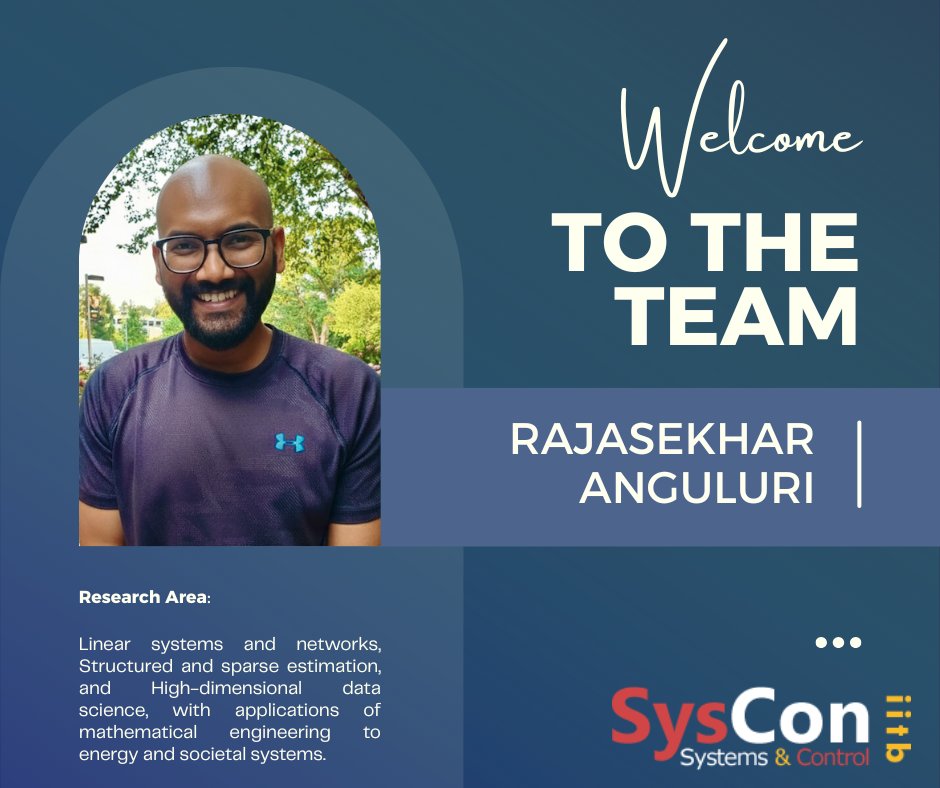 sysconiitb's tweet photo. We are pleased to welcome Dr. Rajasekhar Anguluri to SysCon, IIT Bombay.

His research focuses on linear systems and networks, structured and sparse estimation, and high-dimensional data science, with applications of mathematical engineering to energy and societal systems. https://t.co/D2BWIPrYWU