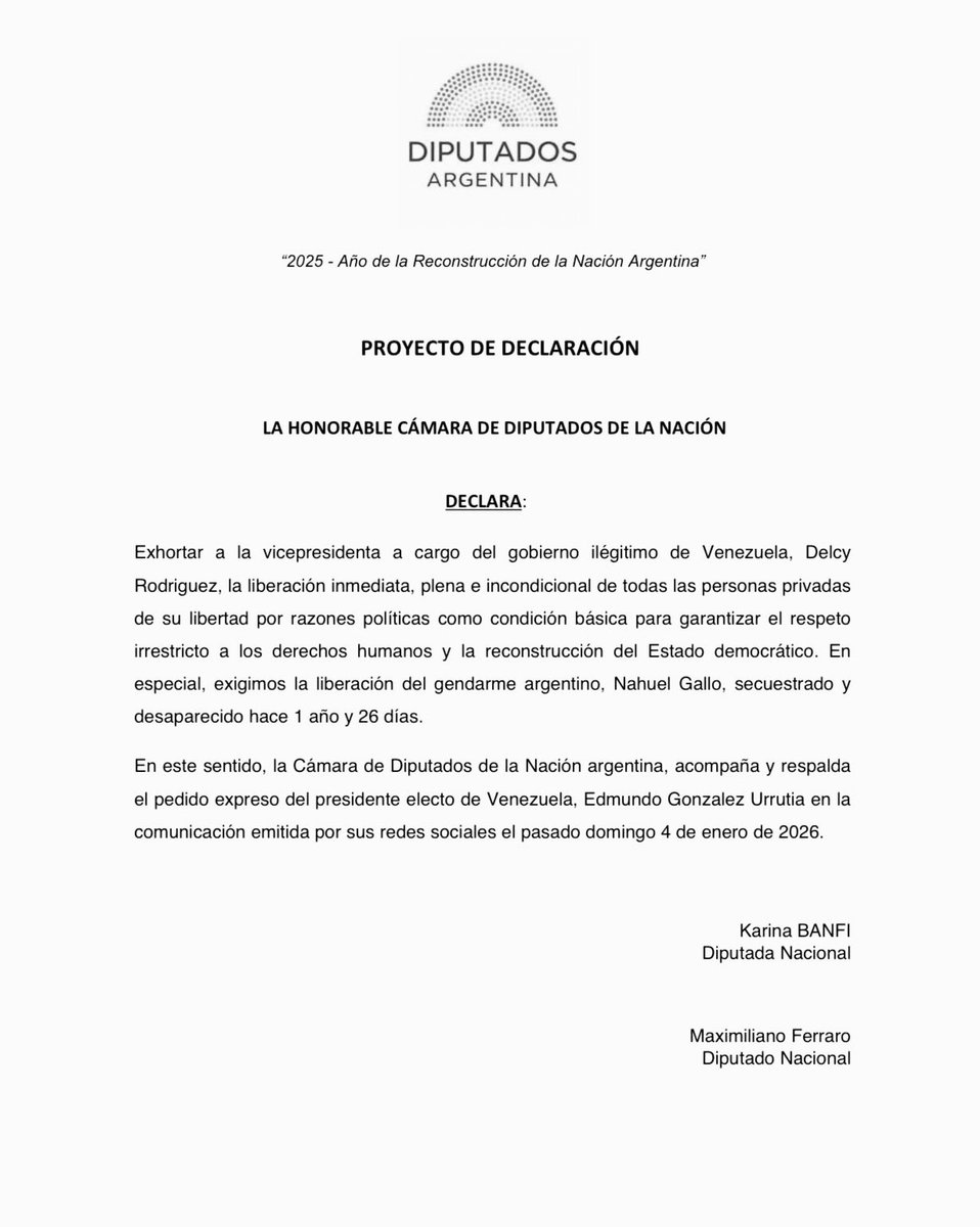 ¡LIBÉRENLOS YA! 🇦🇷 🇻🇪 

Hoy en Venezuela hay más de 1.000 personas privadas de su libertad por razones políticas, entre ellas muchas en situación de desaparición forzada. El gendarme argentino Nahuel Gallo es uno de ellos.

Junto a <a href="/KBanfi/">Karina Banfi 💚</a> presentamos un proyecto de declaración