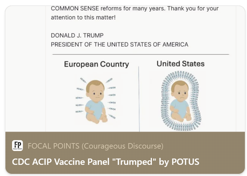 P_McCulloughMD's tweet photo. CDC ACIP Vaccine Panel "Trumped" by POTUS

After a year of little progress, Donald Trump trims the burdensome childhood vaccine schedule @CDCgov @POTUS @HHS_Jim https://t.co/d6VfpuVu10 https://t.co/ZtbXuhnedT