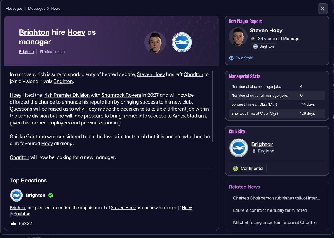 I have signed a 3 year contract at Brighton and Hove Albion. 

My time at Charlton was short lived, but it was successful and we really over achieved. 

Was time to make the move while my stock was high, I think this season with Charlton would've been a struggle. 

#FM26