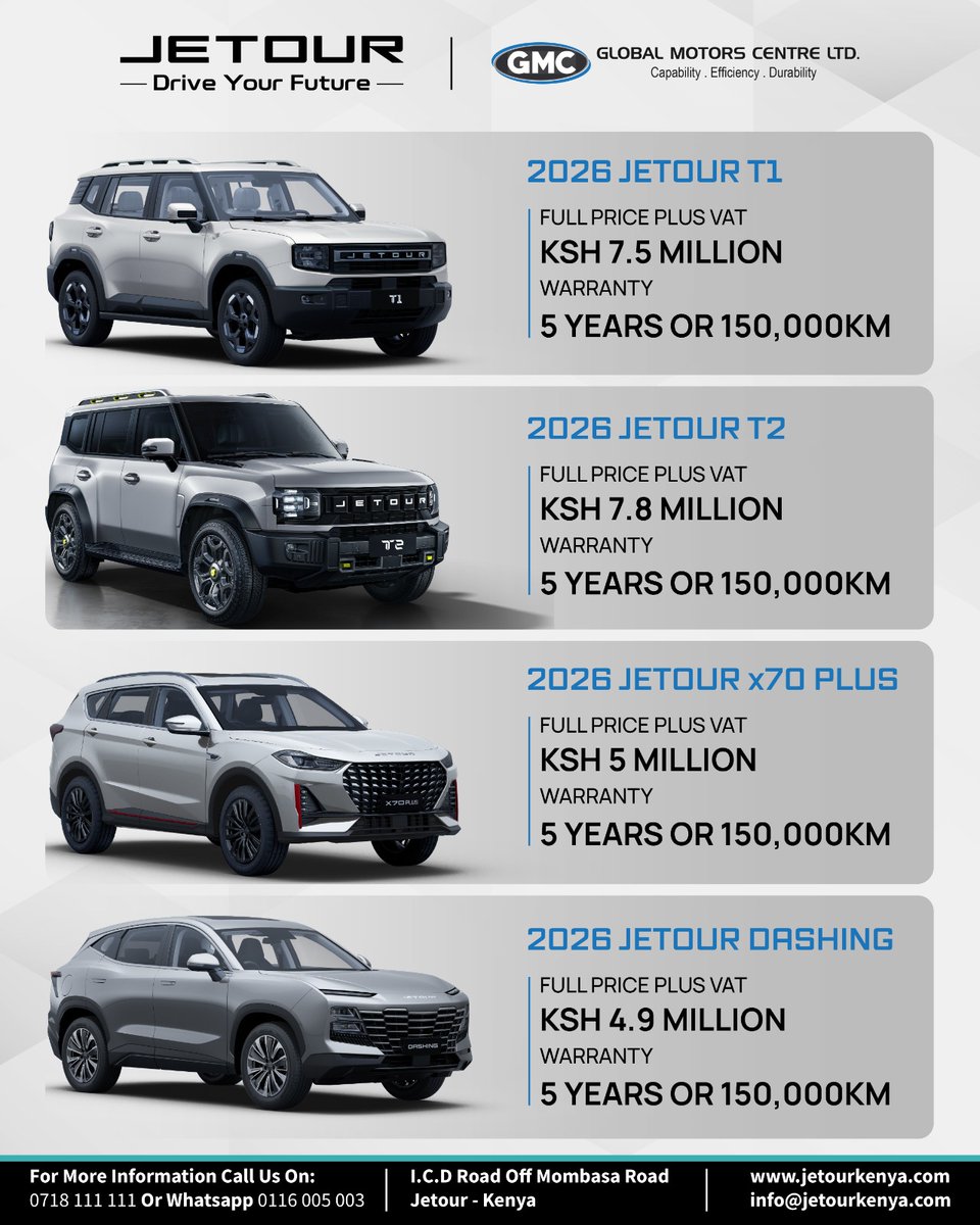 jetour_kenya's tweet image. Every price you see is FINAL (VAT included). No hidden fees, just pure driving pleasure.

#JetourKenya #DriveWithConfidence #WarrantyMatters #CarBuyingMadeSimple #techmeetsadventure