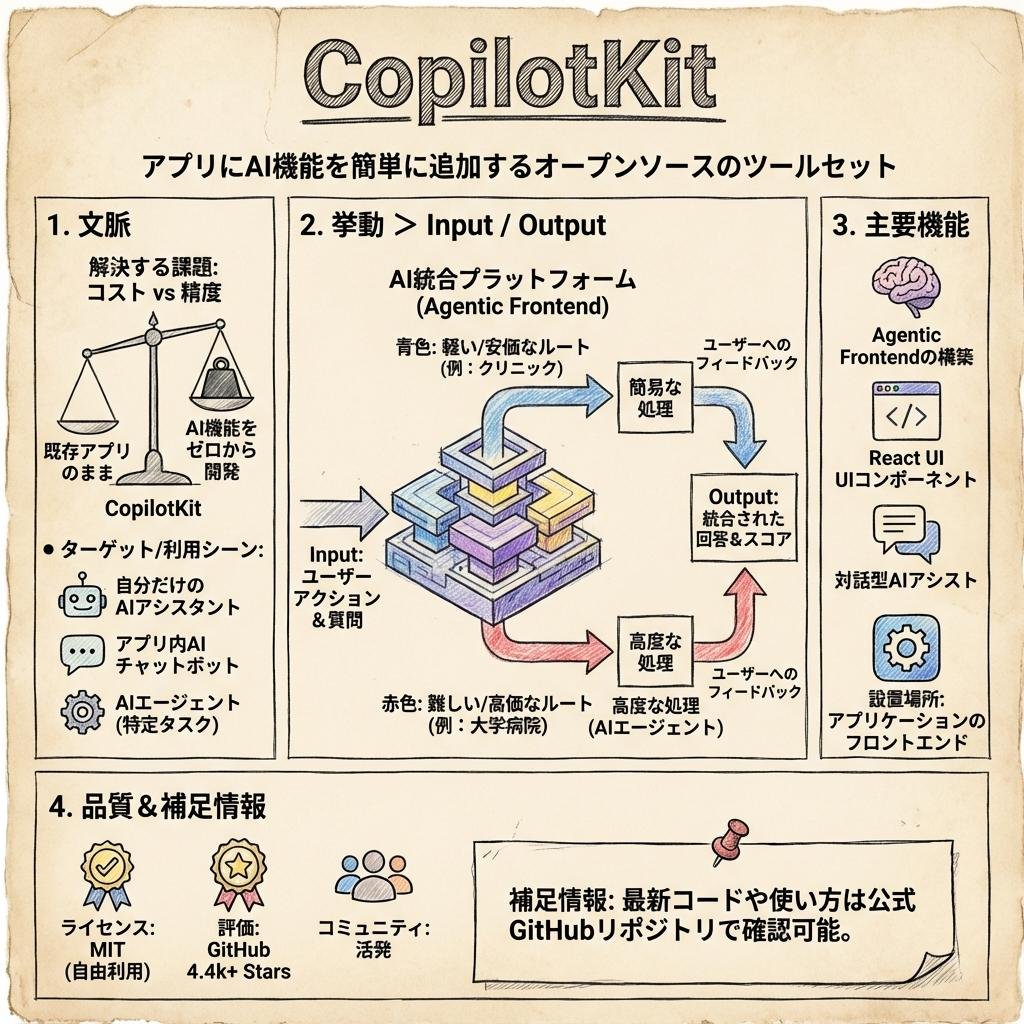 ToJin_AI's tweet photo. アプリにAI機能サクッと入れたいって人、CopilotKitってOSSがマジで便利そうだよ！🚀

自分だけのAIアシスタントやチャットボットが超簡単に作れちゃう。

特に「Agentic Frontend」でAIがアプリ操作まで手伝ってくれるって最高じゃん？
React使いは必見だね！

https://t.co/oP49cUboSd

#CopilotKit #AI開発 #React