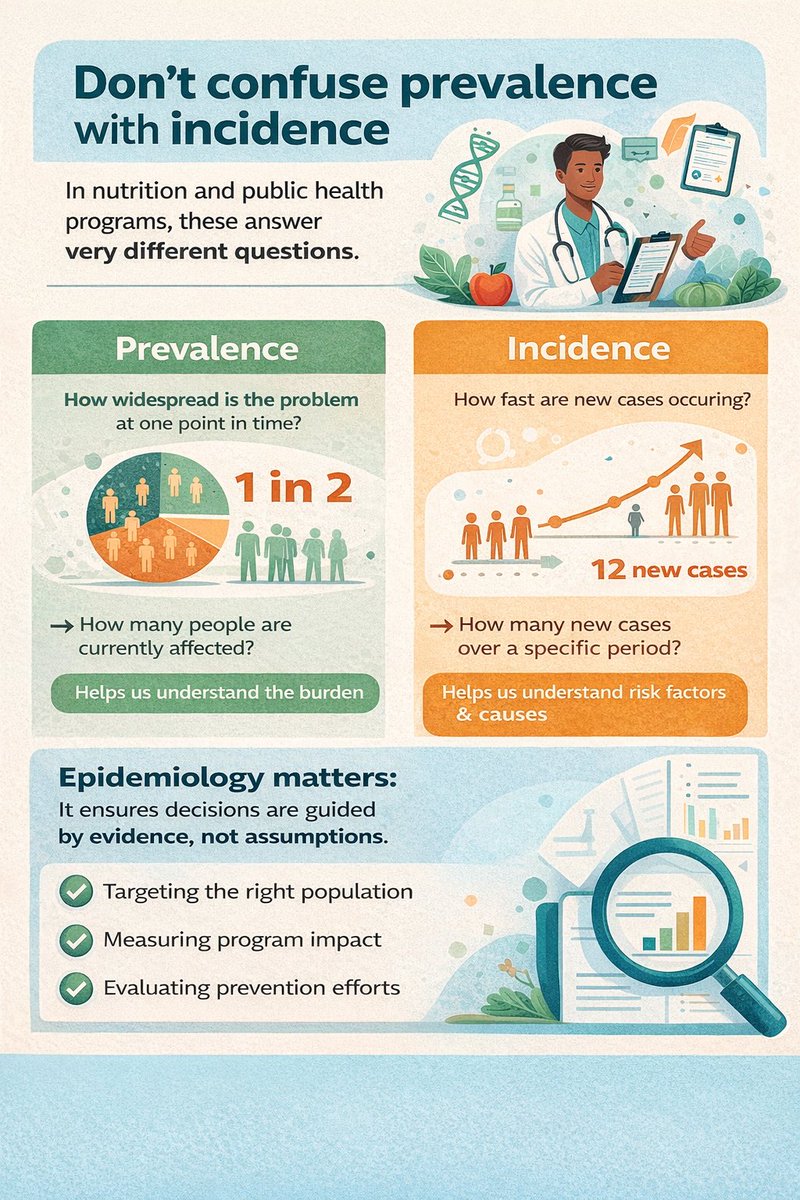 MmansarC's tweet photo. A common mistake in nutrition programs is confusing prevalence with incidence.

Prevalence = how widespread a problem is.
Incidence = how fast new cases occur.
Mixing them up can mislead interventions and impact evaluation.
Epidemiology helps us ask better questions.

#Boniface https://t.co/TJNPFKGBrn