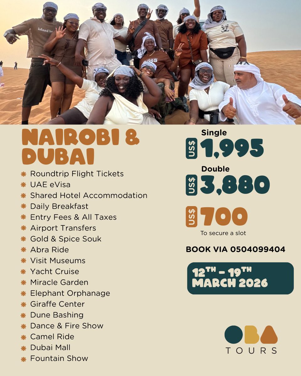 obatours_'s tweet photo. Join us to Nairobi &amp; Dubai in March
Limited slots available https://t.co/atueJshVcw