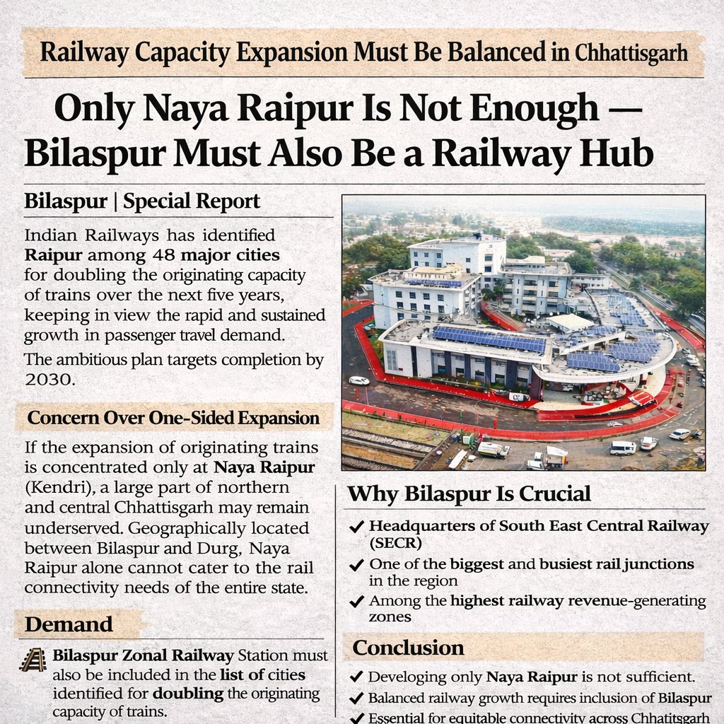 Please include Bilaspur too.<a href="/AshwiniVaishnaw/">Ashwini Vaishnaw</a> <a href="/RailMinIndia/">Ministry of Railways</a> <a href="/secrail/">South East Central Railway</a> <a href="/DRMBilaspur/">DRM Bilaspur</a> <a href="/GMSECR/">General Manager SECR</a> <a href="/ArunSao3/">Arun Sao</a> <a href="/brijmohan_ag/">Brijmohan Agrawal</a> <a href="/amaragrawalBJP/">Amar Agrawal</a> <a href="/AtalShrivastav/">Atal Shrivastava</a> <a href="/tokhansahu_bjp/">Tokhan Sahu</a> <a href="/BJP4CGState/">BJP Chhattisgarh</a> <a href="/AirportBilaspur/">Bilaspur Airport Awareness Campaign (BAAC)</a> <a href="/CGVOICE00777/">Voice of Chhattisgarh</a> <a href="/CGRailInfra/">CG Rail&Infra🇮🇳</a> <a href="/Desifunday/">Bilaspur - #1.2BT #Coal 🚊⚡️🔌 GDP</a>