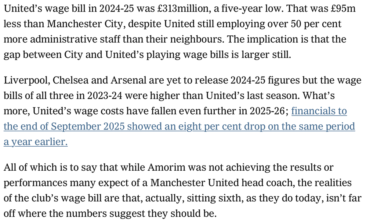 A point worth highlighting amid Ruben Amorim's sacking: while Manchester United continue to spend big on fees, the wage bill has tumbled relative to peers

In 2024-25 they spent £95m less than Manchester City despite employing far more staff

A snippet from yesterday's live blog: