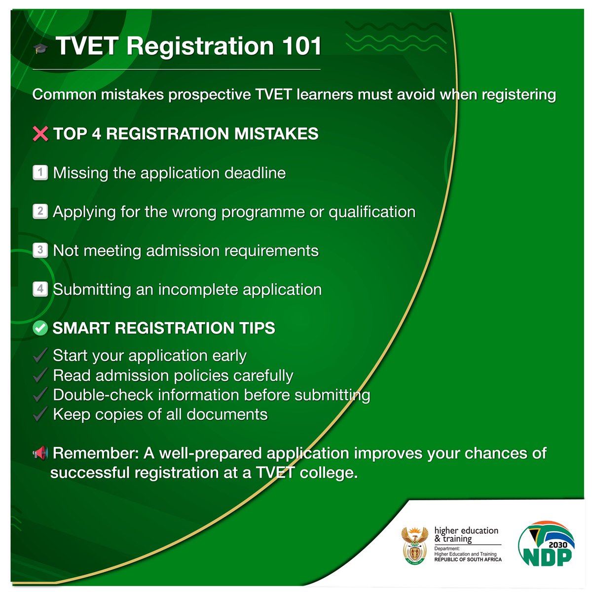 HigherEduGovZA's tweet image. Campus ready? 

Congrats on choosing TVET as your institution of choice! Now, get set for a smooth start: get your docs ✅ know your campus, collect your card and cooperate with security. Stay chill, stay safe, and start strong 💪

#TVETRegistration #CampusLife #StudentVibes