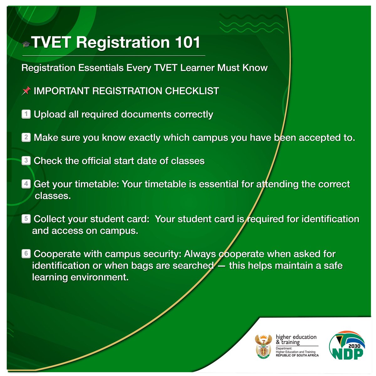 HigherEduGovZA's tweet image. Campus ready? 

Congrats on choosing TVET as your institution of choice! Now, get set for a smooth start: get your docs ✅ know your campus, collect your card and cooperate with security. Stay chill, stay safe, and start strong 💪

#TVETRegistration #CampusLife #StudentVibes
