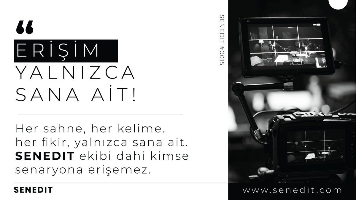 SenEDIT's tweet image. 🛡️ Senaryon SENEDIT’te güvende.
İlham gelir. Yazarsın. SENEDIT korur.

Kontrol sende. Erişim yalnızca sana ait. Güvenle yaz. Özgürce üret.
✨ Hemen ücretsiz keşfet.

#SenaryoYazımı #Yazarlar #FilmYapımı #BağımsızSinema #YaratıcıÜretim #Sinema #SENEDIT
