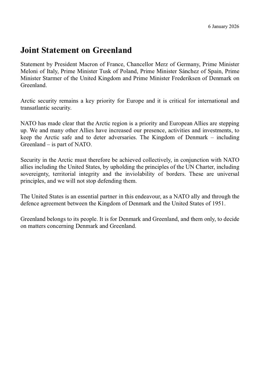 JSavageTweets's tweet image. NEW: Joint statement from Euro leaders on US aspirations to control Greenland:
- NATO and Europe are stepping up on Arctic security
- Must be achieved collectively with the US
- sovereignty and territorial integrity are universal principles
- Greenland belongs to its people