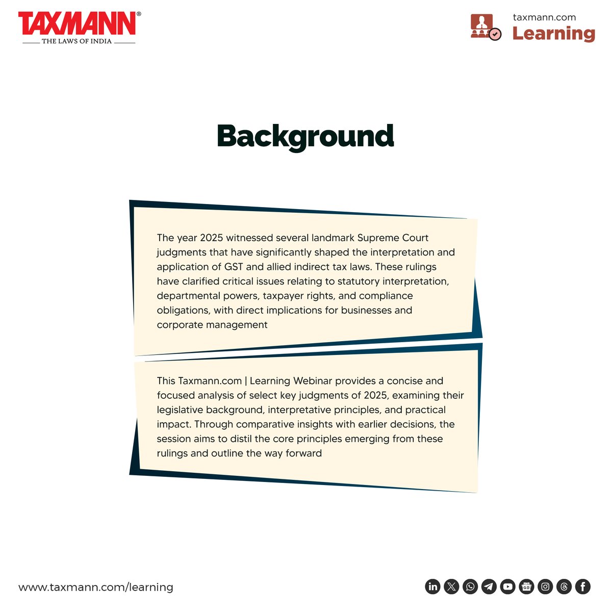 taxmannindia's tweet photo. #TaxmannWebinar #GSTJudgments
Register Now for https://t.co/ux38E6zTvW | Learning—Webinar – Year in Review – GST Judgments That Shaped 2025
📅 15th January 2026 (Thursday) | 5:00 PM – 6:15 PM (IST)
💻 Register Now! (Limited Slots Available): https://t.co/MOUUSGyXC4
📢 Speaker:
• Arpit Haldia – Chartered Accountant & Advocate
#TaxmannUpdates #TaxmannLearning #GSTLitigation #YearInReview
