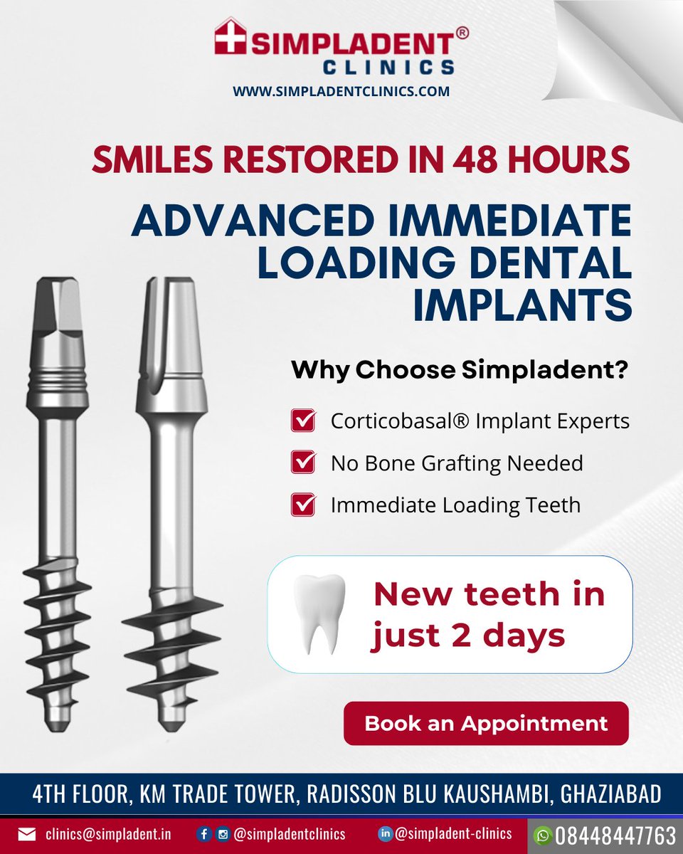 SimpladentC's tweet photo. Stop hiding your smile and start living life to the fullest! 😁🙌 With our advanced dental solutions, you can have new teeth in just 2 days.

📧 clinics@simpladent.in 
📱 08448447763
🌐https://t.co/VZiqTBINoo
📍 https://t.co/AS1dnIAK35
#SmileConfidence #DentalImplantsIndia https://t.co/bbD5uY3bB7