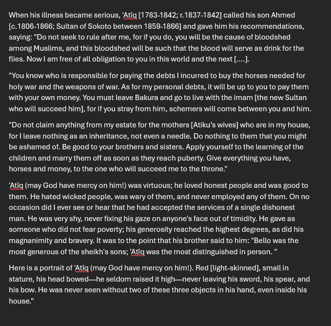 almuube's tweet image. A description of Sultan of #Sokoto Abubakar Atiku (r.1837-1842) last words to his eldest son Ahmad Zarruq (who would become Sultan between 1859 and 1866)
#Arewa #SokotoLegacy