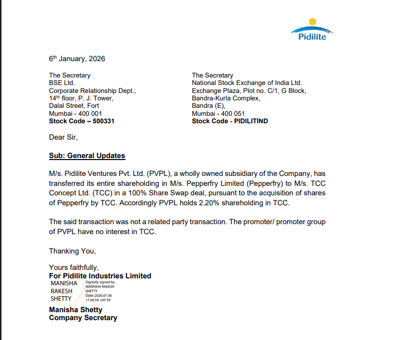 CNBCTV18Live's tweet photo. #JustIn | #Pidilite;
▶️Arm transfers entire stake in #Pepperfry to TCC Concept in 100% share swap deal https://t.co/Pv8eSUsv59