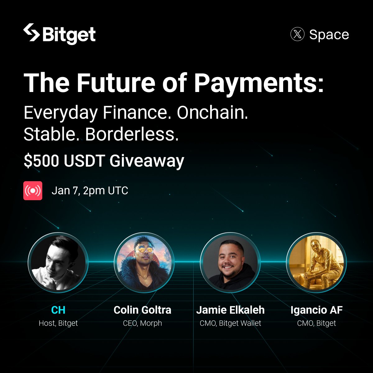 Join our upcoming 𝕏 Space to dive into the future of payments with <a href="/Goltra/">Goltra</a>, <a href="/Elkaleh/">Jamie</a>, <a href="/ignaciobitget/">Ignacio AF</a> and <a href="/ch_egan/">CH Egan</a>.

🎁 $500 Giveaway (10 winners x 50 USDT)
✅ Follow <a href="/bitget/">Bitget</a> + RT
✅ Tune in: x.com/i/spaces/1lPJq…
✅ Share a screenshot of yourself in the Space!