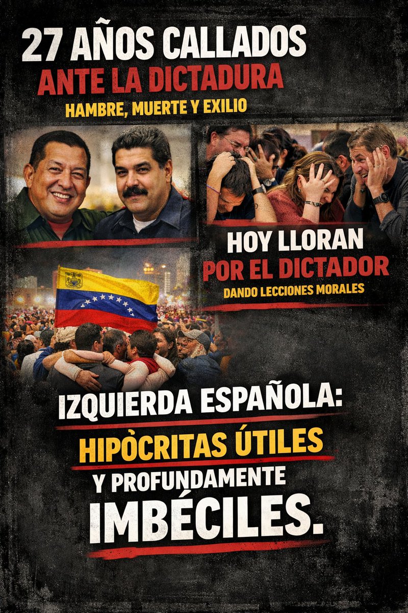 2KDo's tweet image. 27 años callados ante una dictadura que mató, empobreció y expulsó a millones de venezolanos.
Hoy lloran por Nicolás Maduro y pretenden darnos lecciones morales.
No son humanistas: son hipócritas útiles y profundamente imbéciles.