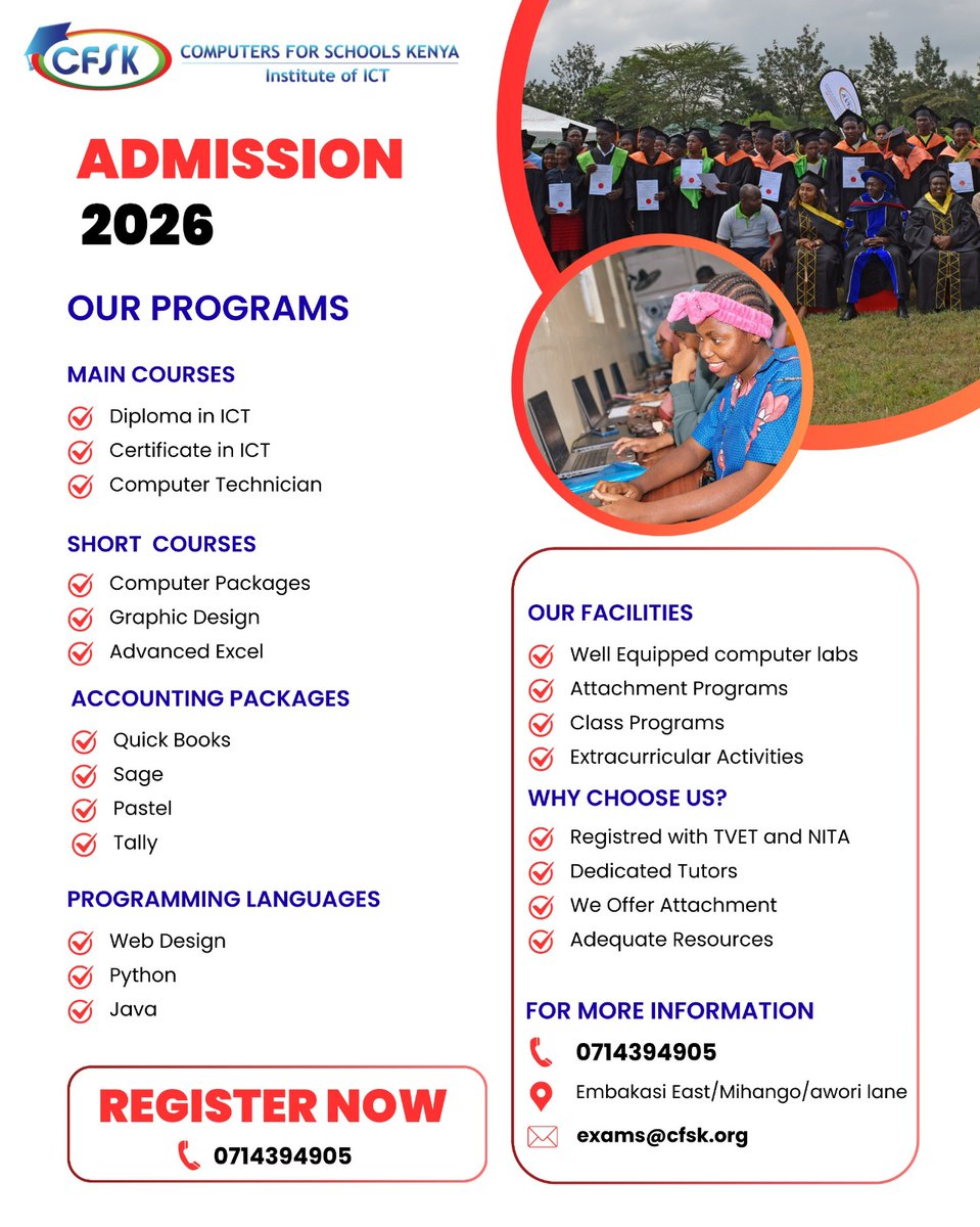 New year, new skills! CFSK Institute of ICT is now admitting students for Diploma, Certificate, and Short Courses in ICT and Programming.
📞 0714 394 905 | ✉️ exams@cfsk.org