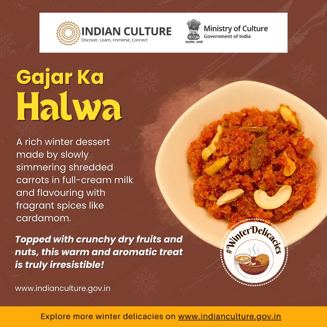 _IndianCulture's tweet photo. #GajarkaHalwa is a #warm and irresistible #winterdelight made by slow-cooking shredded #carrots in #milk with #cardamom, and topped with crunchy #dryfruits
https://t.co/XrVstMj4Ud
#IndianDesserts #WinterSpecial #IndianFoodCulture
@MinOfCultureGoI @AmritMahotsav @incredibleindia https://t.co/6IwwGOVjFc